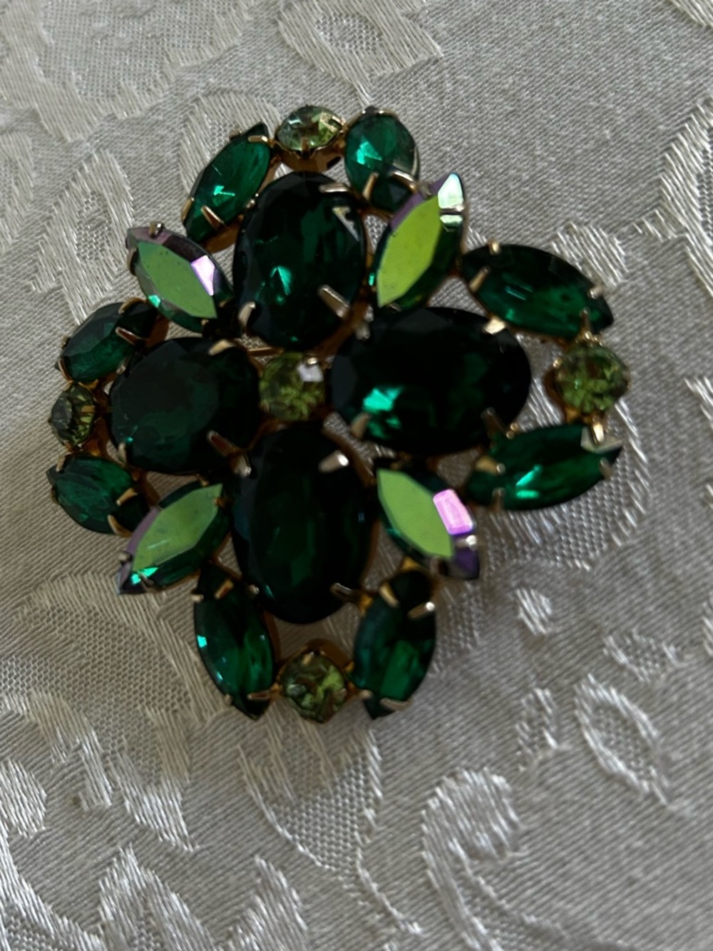 Vintage Green Crystal Cluster Brooch with Iridescent Accents - Women Jewelry